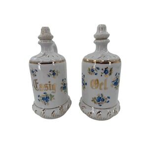 German Ceramic Oil & Vinegar Dispenser Set Blue Floral Design Gold Accents